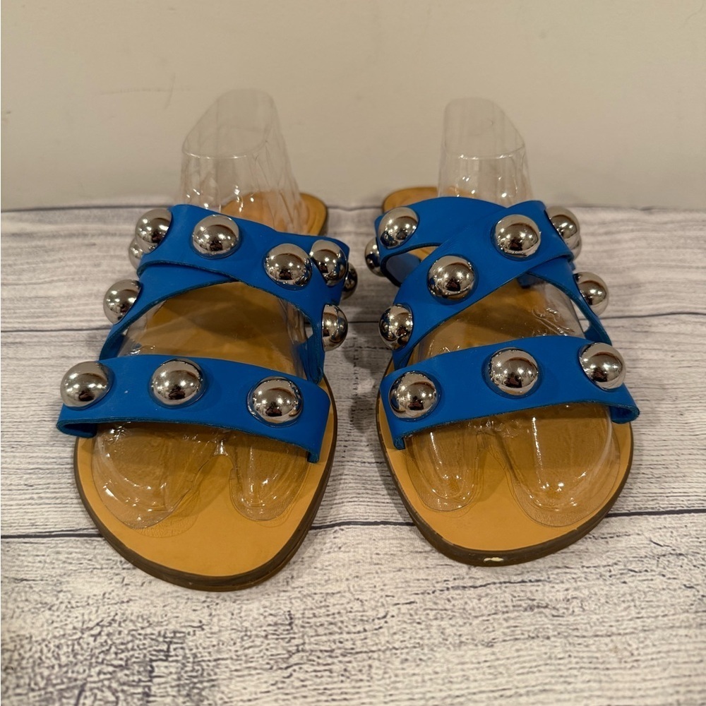 Marc Fisher Blue Studded Slide Sandals Size 8.5 Statement Stud Flats - Picture 3 of 14